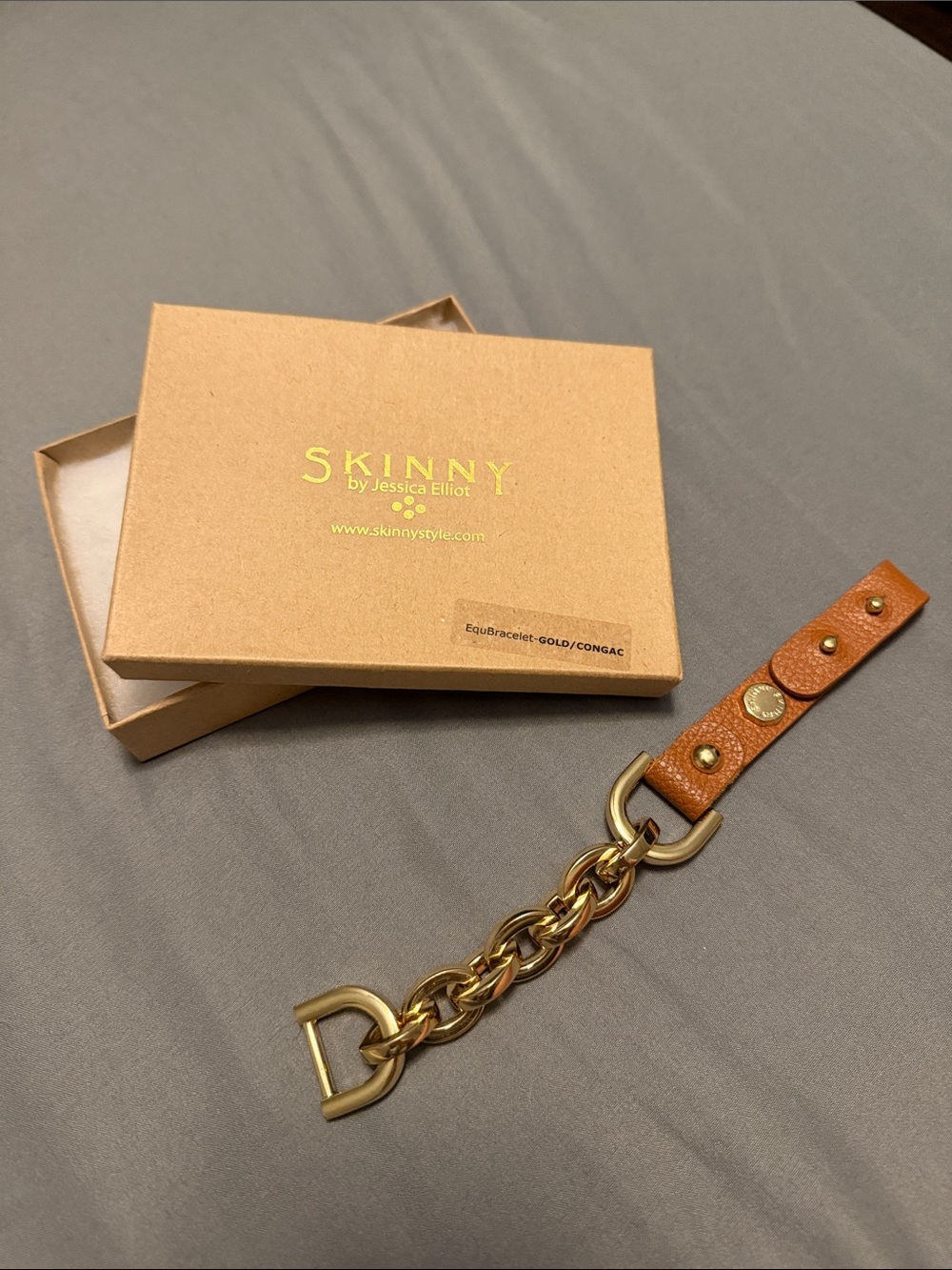 Jessica Elliot Skinny Cognac Leather Bracelet with Gold Chain Accent